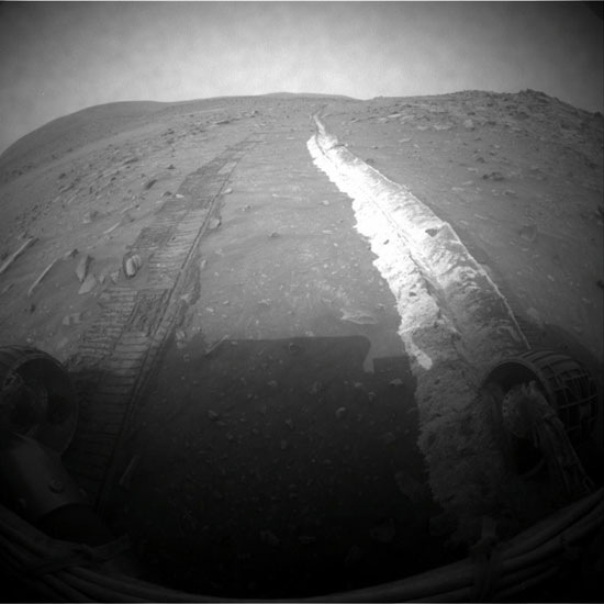 Image of Mars rover Spirit’s tracks during it’s mission to collect data about the red planet.