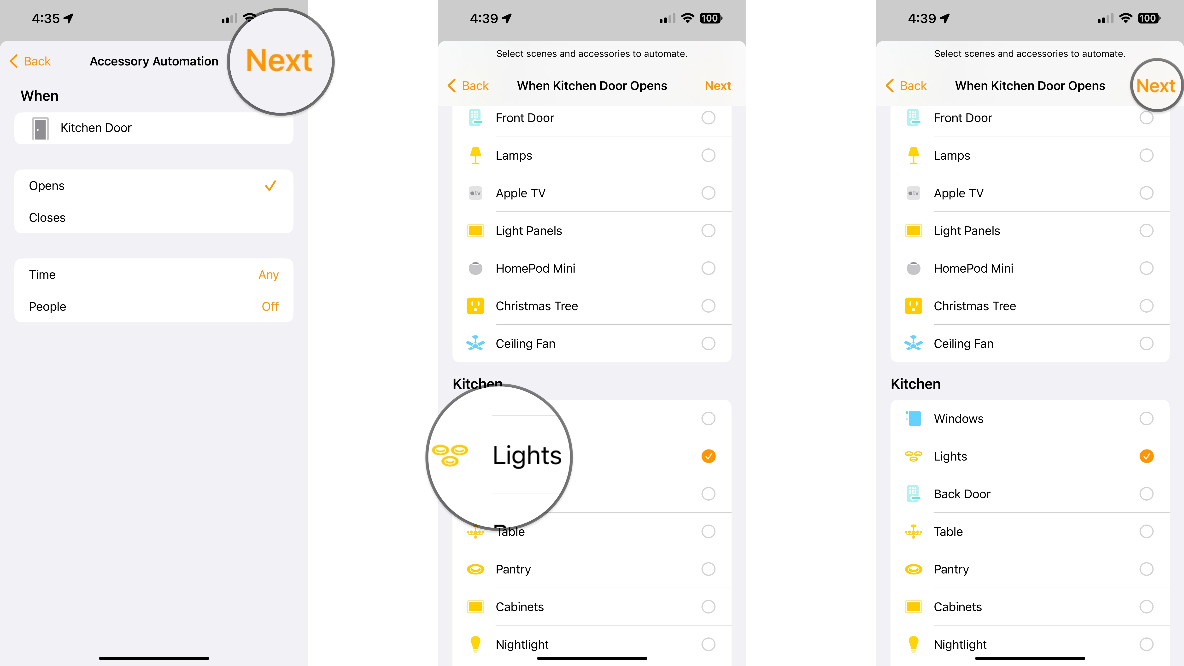 How to create an accessory automation in the Home app on the iPhone by showing steps: Tap Next, Tap a Scene or Accessory, Tap Next.