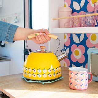 Transform your caravan with a kitchen worktop and yellow kettle