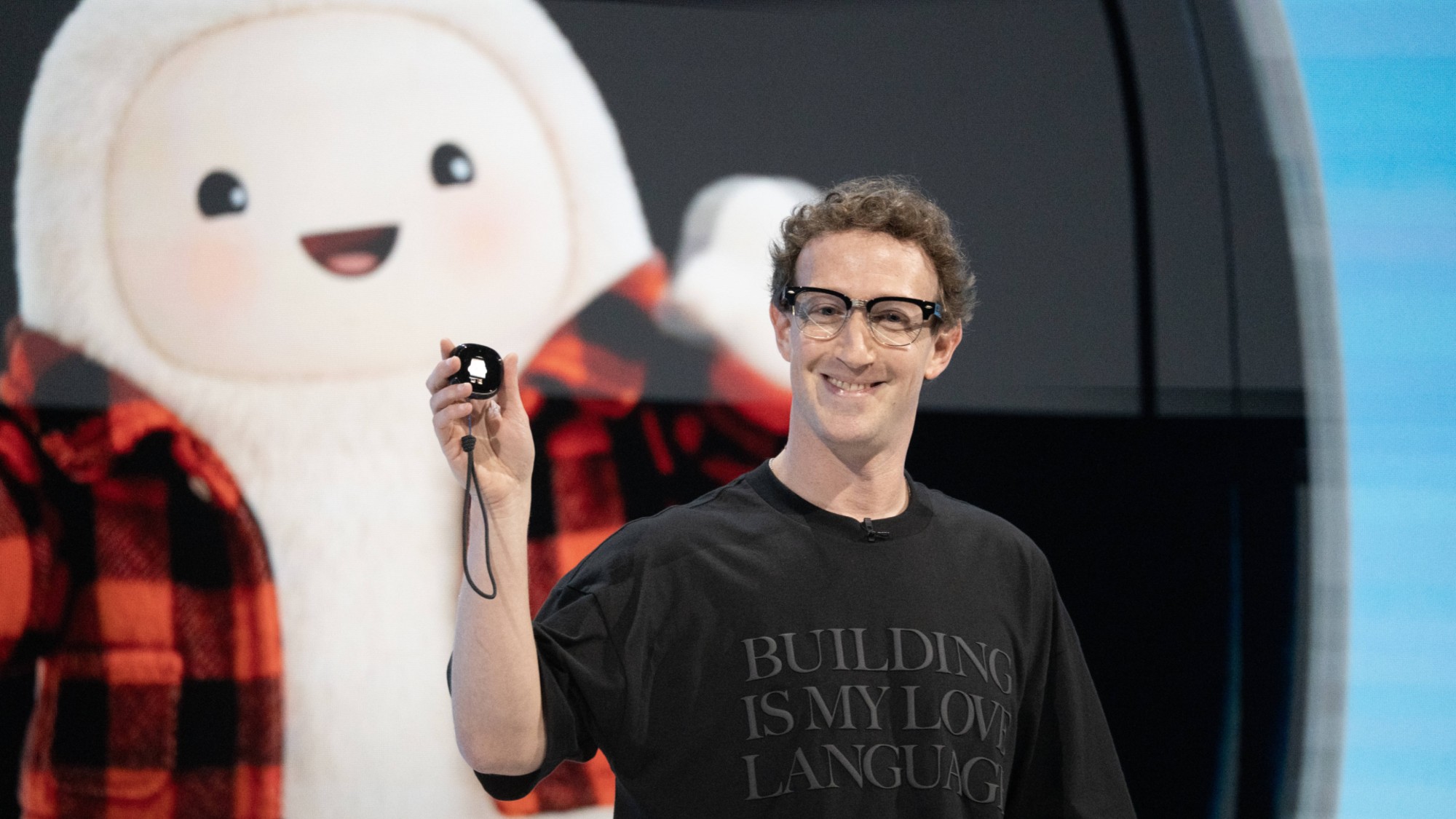 Mark Zuckerberg, chief executive officer of Meta Platforms Inc., reveals the Muse Charm device during the Meta Connect event in Menlo Park, California, US, on Wednesday, Sept. 23, 2026.