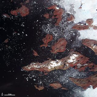 Icebergs that have broken off from tidewater glaciers on the coast of Greenland as seen by NASA's Terra satellite