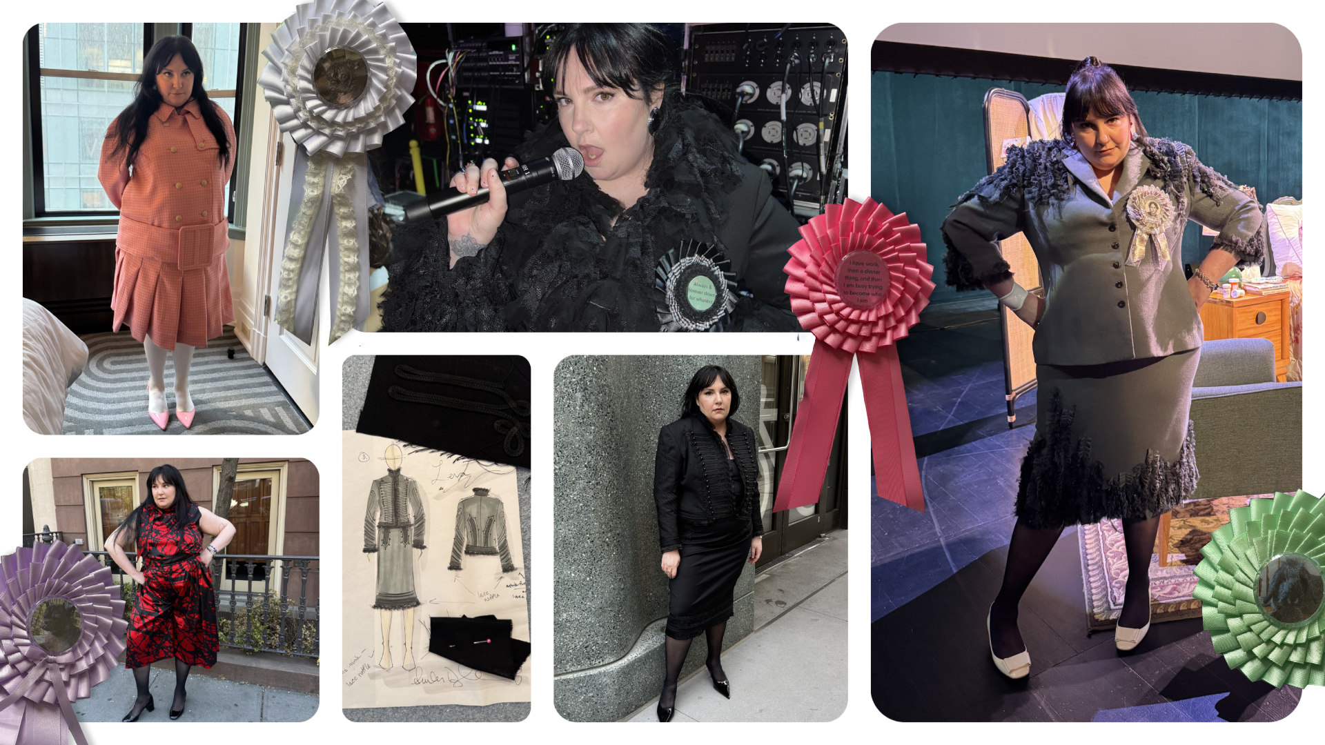 a collage of Lena Dunham's 'Famesick' tour outfits and art cut outs of prize ribbons