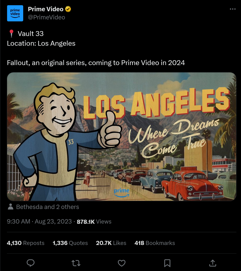 Vault 33 Location: Los Angeles  Fallout, an original series, coming to Prime Video in 2024