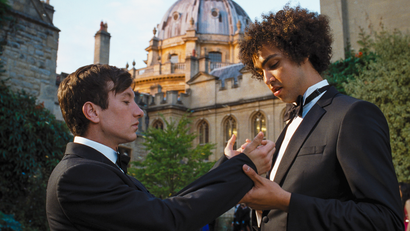 Barry Keoghan as Oliver; Archie Madekwe as Farleigh in "Saltburn" (2023).