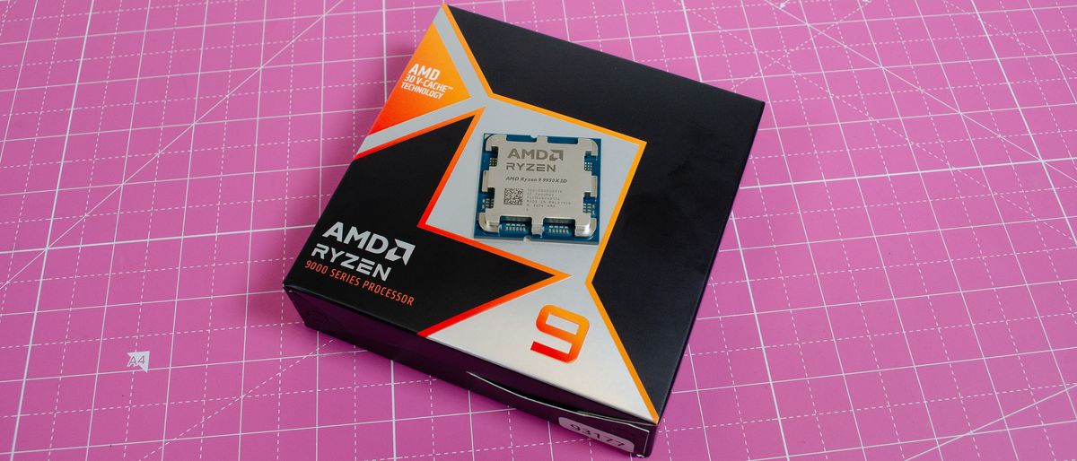 An AMD Ryzen 9 9950X3D on its retail packaging