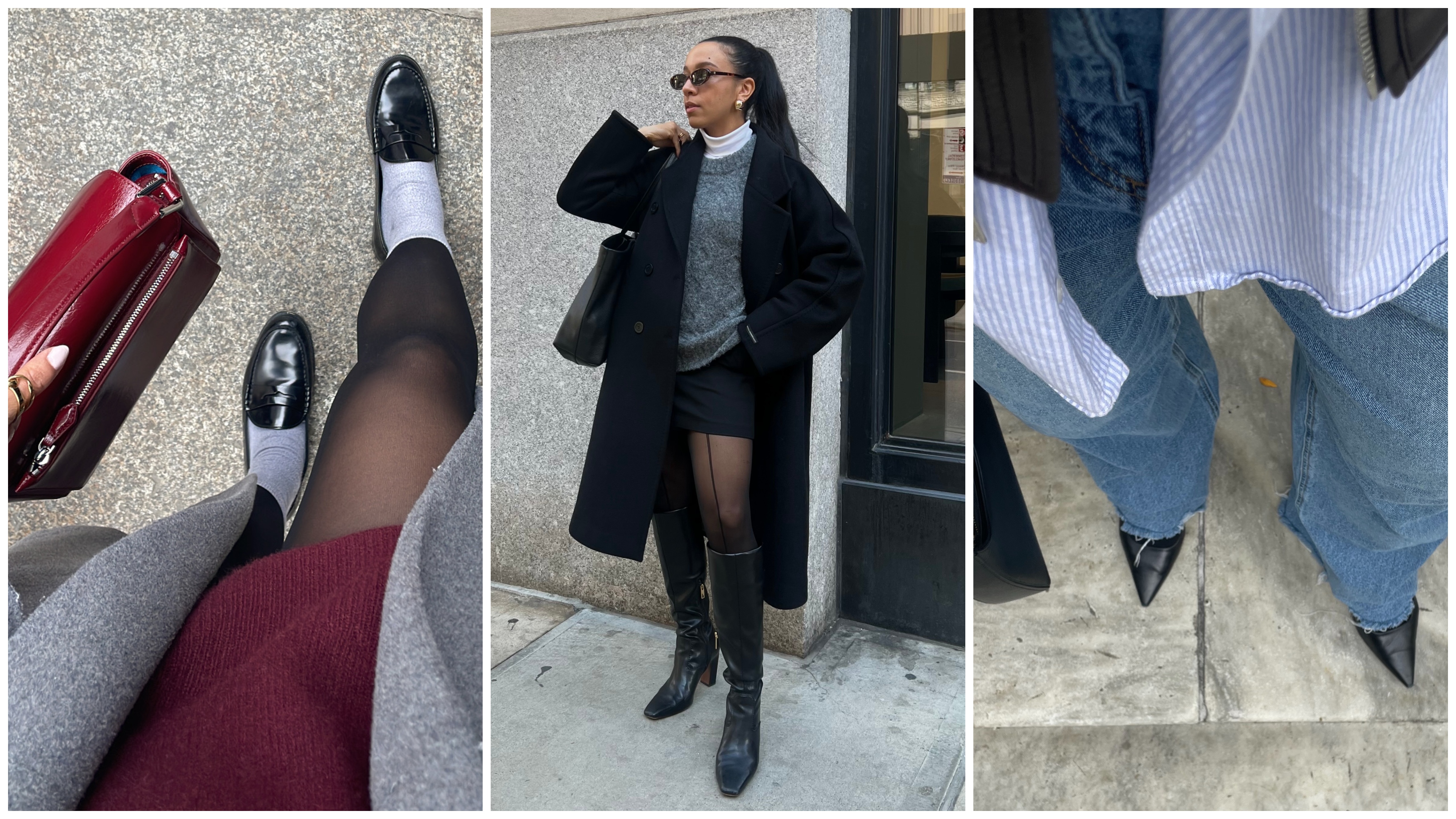 Lauren Tappan modeling fall work shoes; wearing loafers, a red dress, and a red bag; Lauren Tappan wearing a coat, a sweater, a skirt, and boots, Lauren Tappan wearing jeans, a jacket, and heels