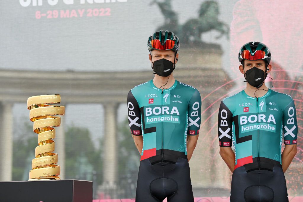 VISEGRAD HUNGARY MAY 06 LR Lennard Kmna of Germany and Ben Zwiehoff of Germany and Team Bora Hansgrohe during the team presentation prior to the 105th Giro dItalia 2022 Stage 1 a 195km stage from Budapest to Visegrd 337m Giro WorldTour on May 06 2022 in Visegrad Hungary Photo by Stuart FranklinGetty Images