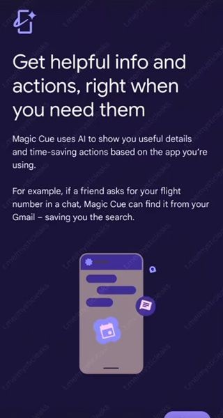 A leaked snapshot of the splash page for Google's "Magic Cue," a Pixel-exclusive AI assistant that can leverage info from the apps you give it access to.