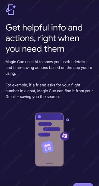 A leaked snapshot of the splash page for Google's "Magic Cue," a Pixel-exclusive AI assistant that can leverage info from the apps you give it access to.