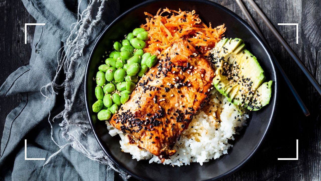 Salmon and green vegetables with rice, a common part of the Japanese diet