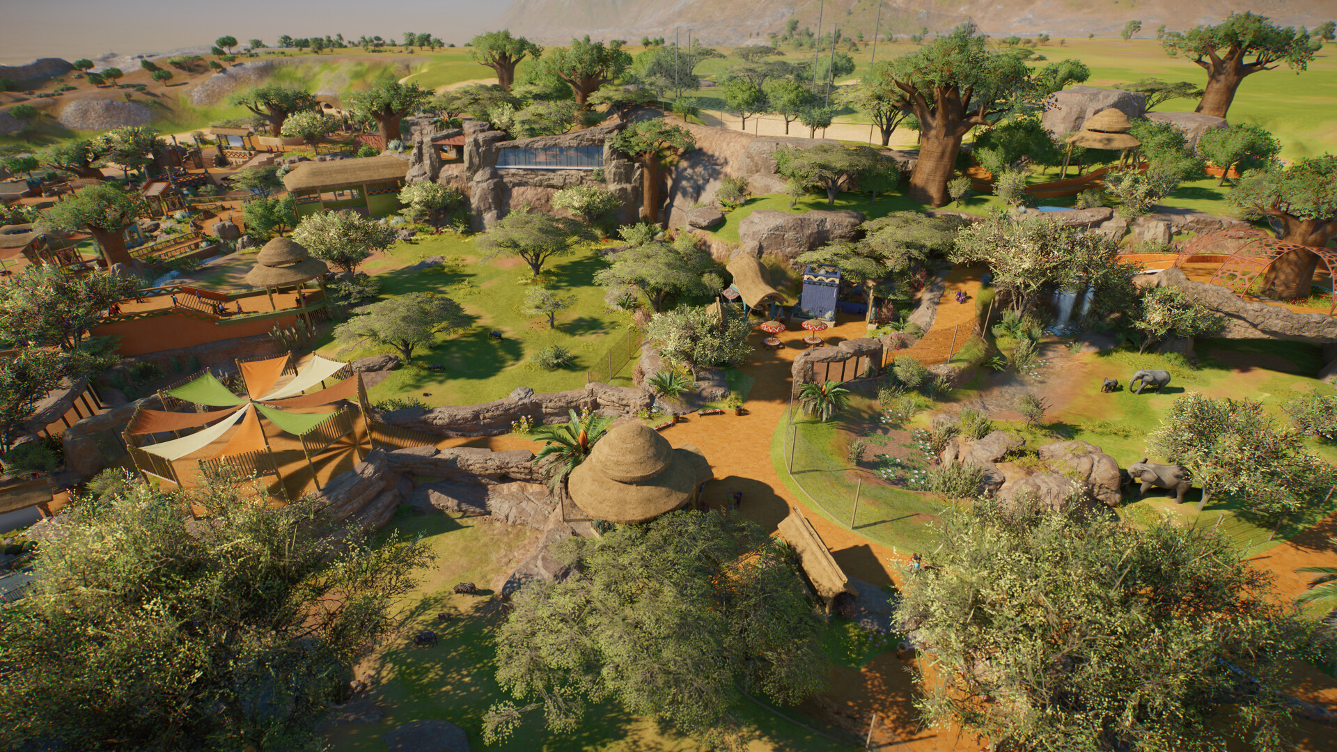 An aerial view of a tropical zoo in Planet Zoo 2