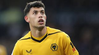 Matheus Nunes of Wolverhampton Wanderers looks up during the Premier League match between Wolverhampton Wanderers and Liverpool at Molineux on February 4, 2023 in Wolverhampton, United Kingdom.