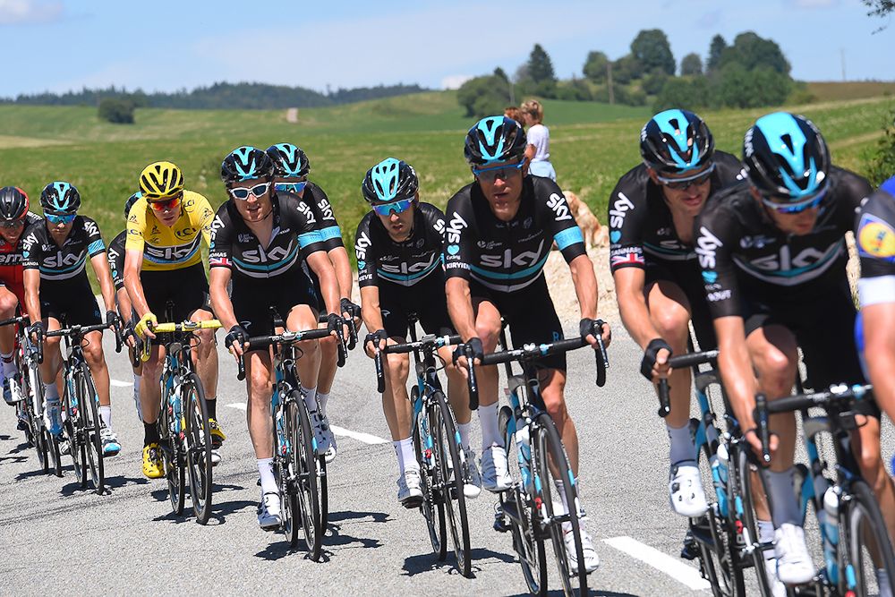 Team Sky line up in support of Chris Froome during stage 16 of the Tour de France.