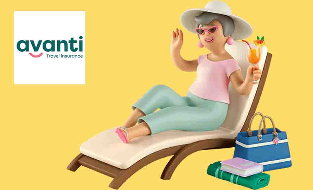 Avanti logo placed over a 3d cartoon of a old lady sitting on a beach bed with a cocktail in her hand