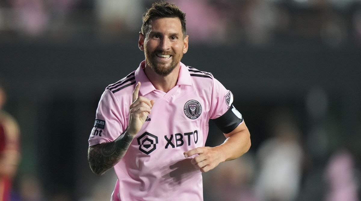 Lionel Messi celebrates a goal for Inter Miami