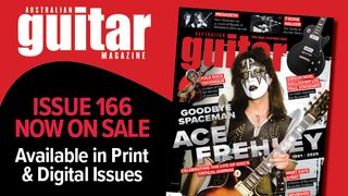 An image showcasing issue #166 of Australian Guitar magazine, featuring a tribute to Ace Frehley
