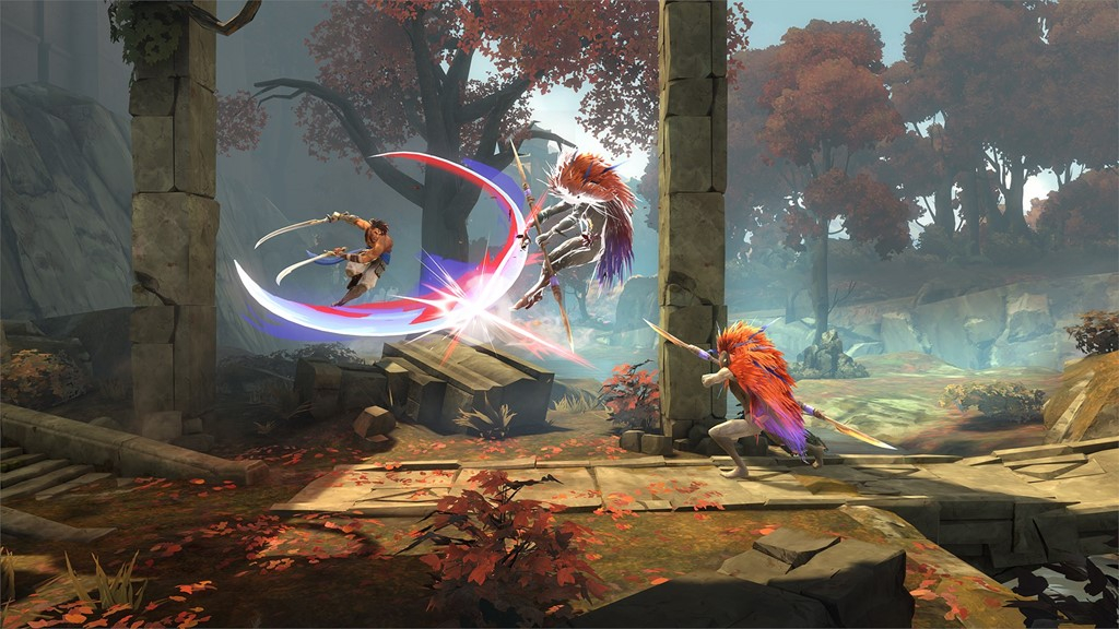 Character fighting enemies in a forest