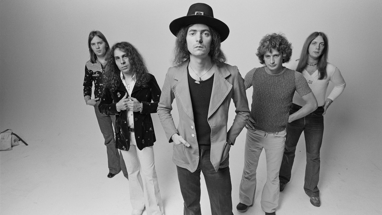 Rainbow featuring guitarist Ritchie Blackmore, singer Ronnie James Dio (1942-2010), keyboard player Mickey Lee Soule, bassist Craig Gruber and drummer Gary Driscoll, posed in Los Angeles, June 1975.