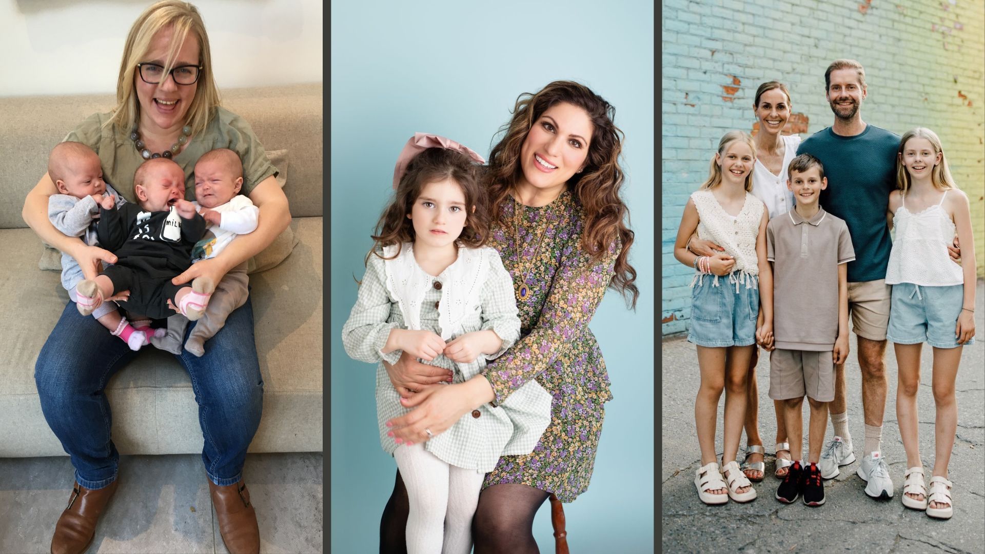 A composite image shows Rebecca Wooldridge holding her triplets as newborn babies, Vicki Broadbent and her daughter Florence, and Laura Dove and her family in a group photo
