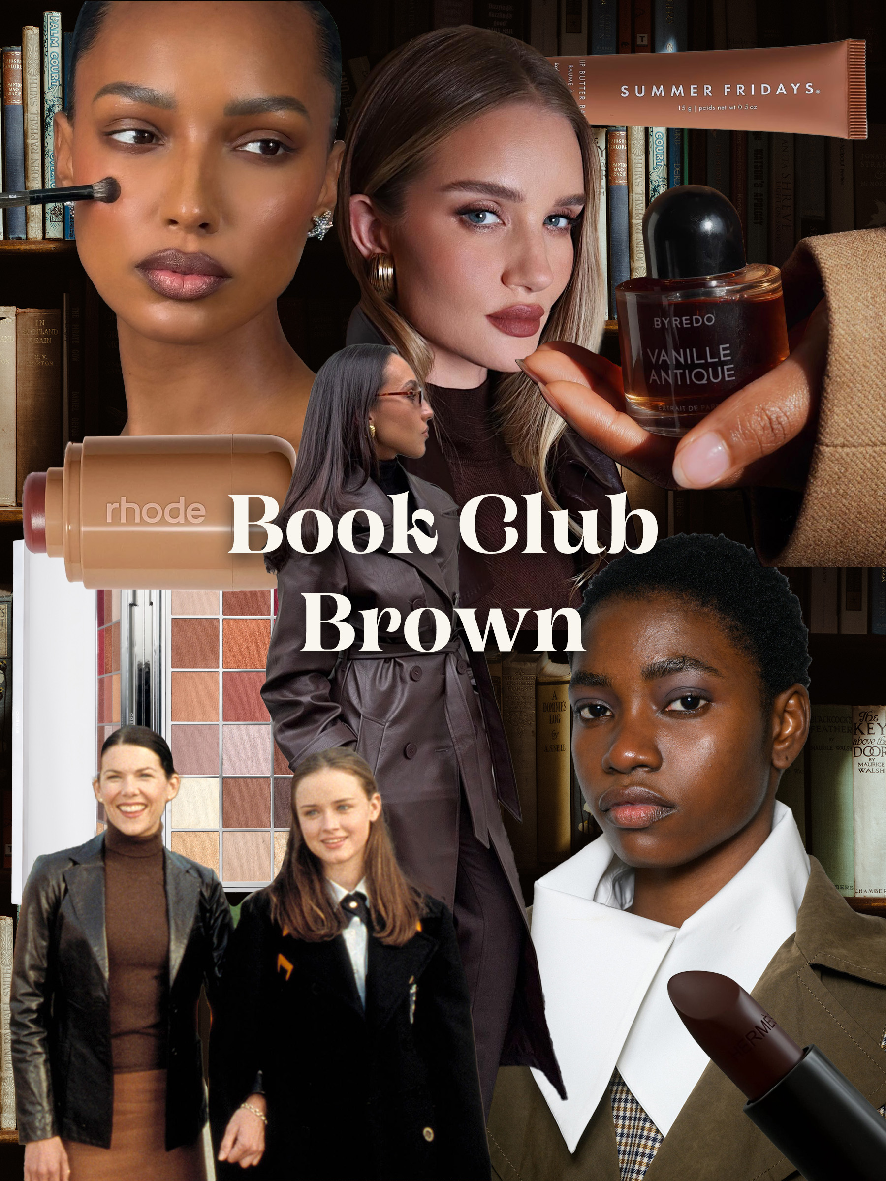 A makeup mood board featuring brown-toned makeup inspired by books, libraries and Gilmore Girls
