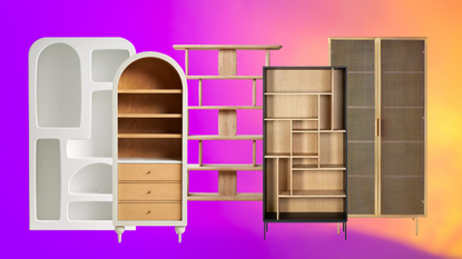 A collage of bookshelves/bookcases from various retailers