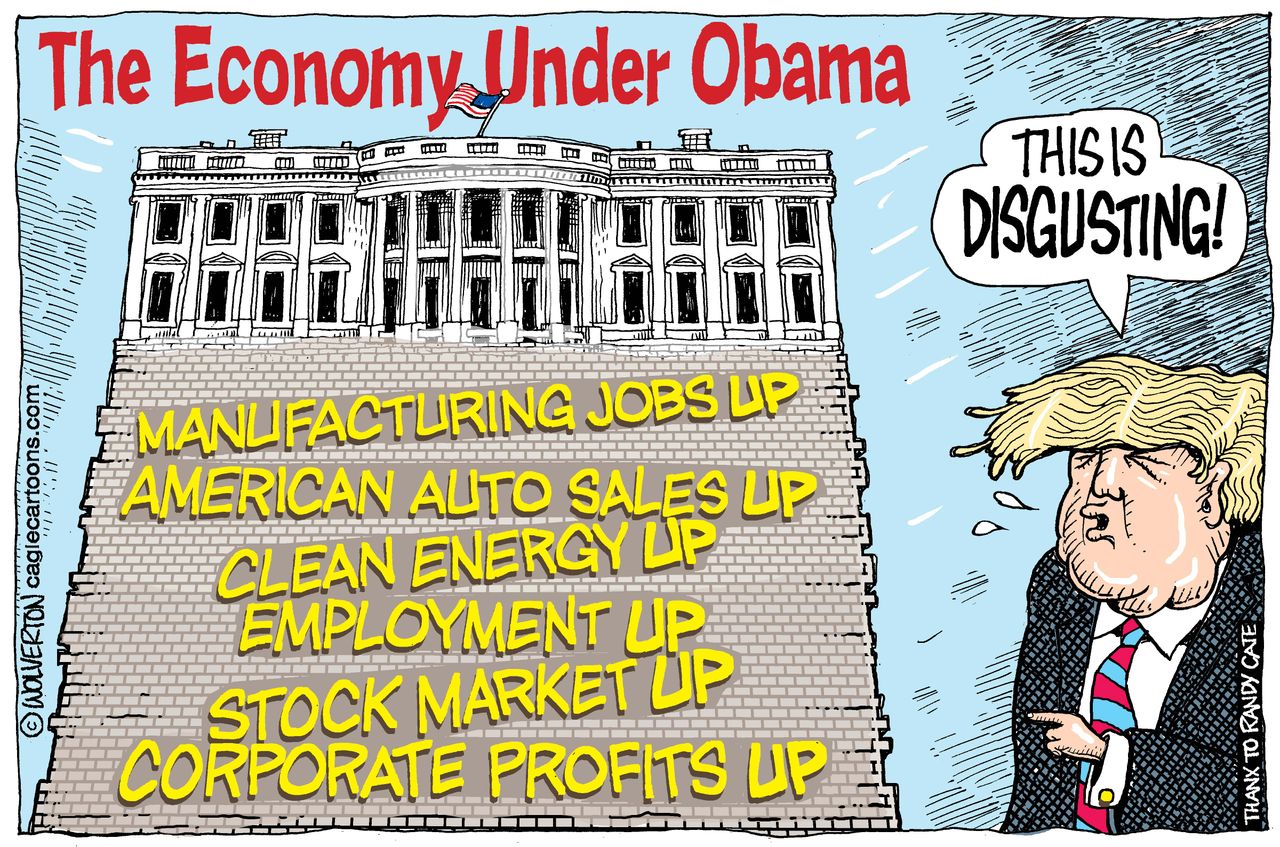 Political cartoon U.S. 2016 election Donald Trump criticizing Economy under Obama