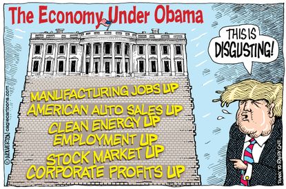 Political cartoon U.S. 2016 election Donald Trump criticizing Economy under Obama