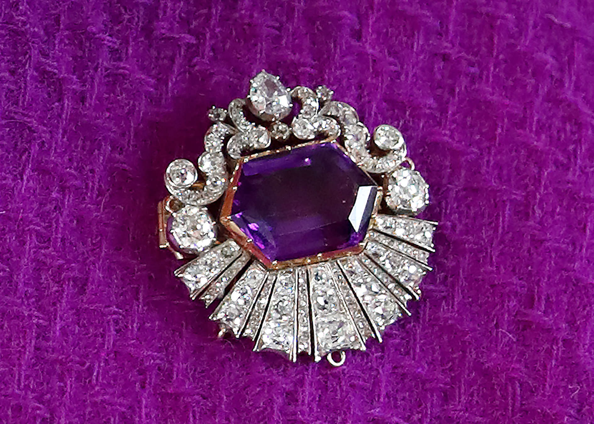 A close up of the Kent amethyst brooch