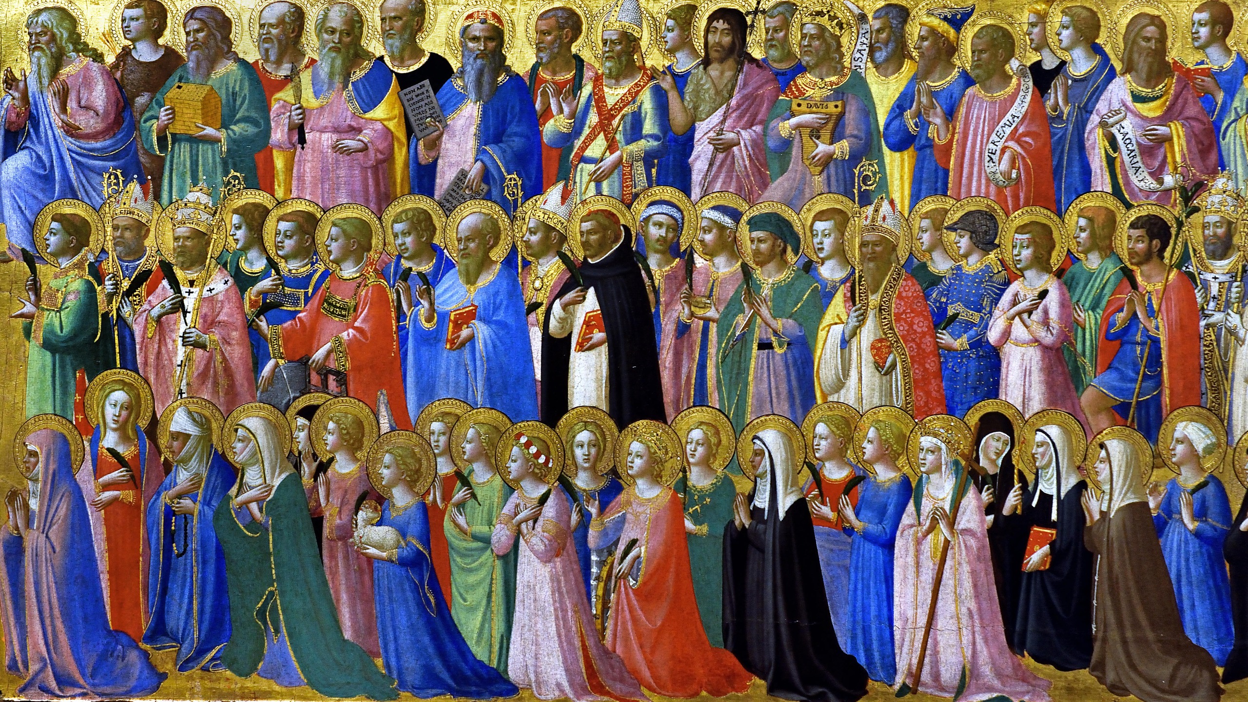 A Early Italian Renaissance painting of three lines of saints on a gold background. Each one has a gold halo and robes in shades of red, green and blue