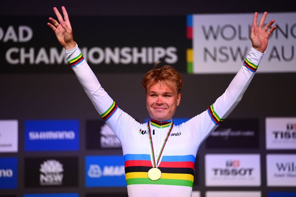 WOLLONGONG AUSTRALIA SEPTEMBER 18 Gold medalist Tobias S Foss of Norway celebrates winning during the medal ceremony after the 95th UCI Road World Championships 2022 Men Individual Time Trial a 342km individual time trial race from Wollongong to Wollongong Wollongong2022 on September 18 2022 in Wollongong Australia Photo by Tim de WaeleGetty Images