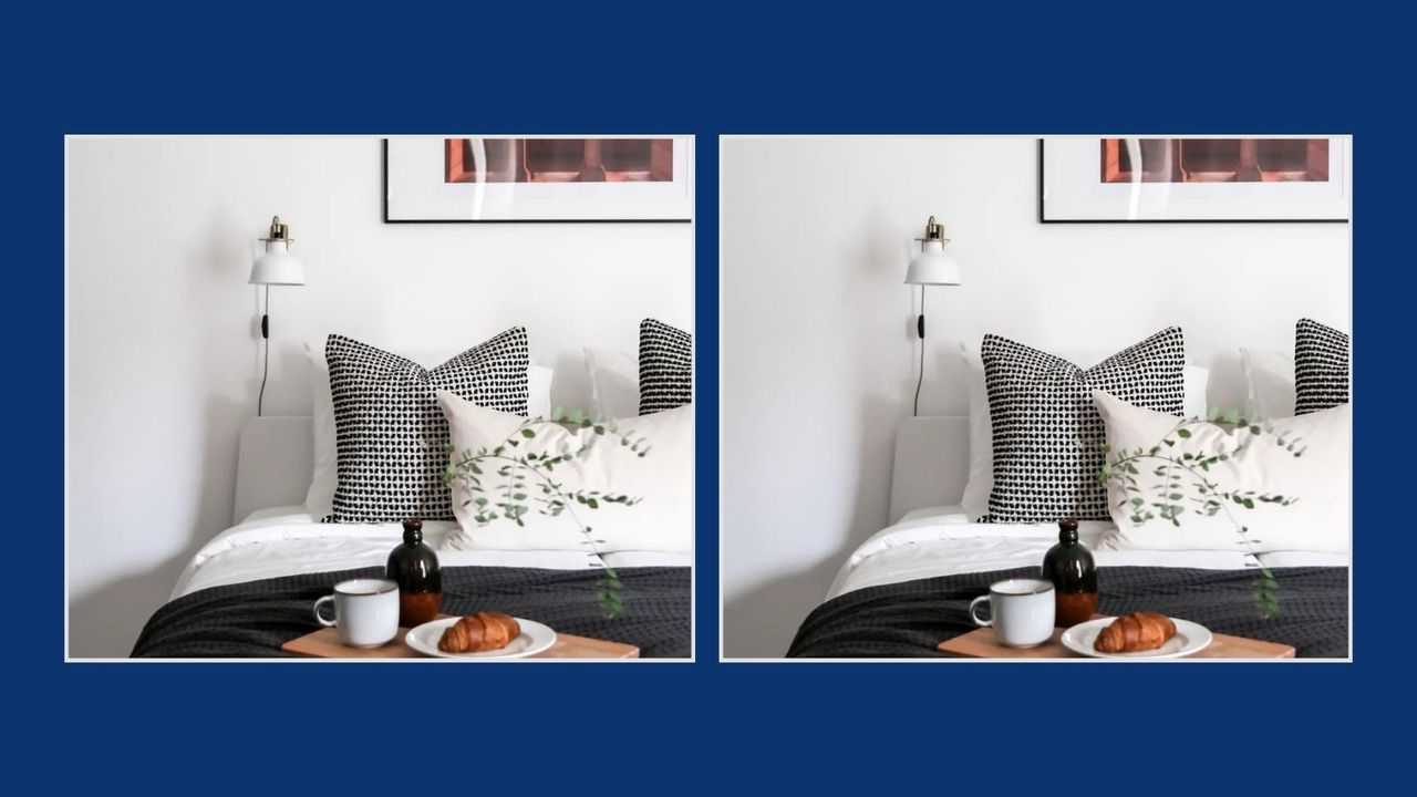 a scandi styled bedroom focusing on the bed, geometric pillows on a navy background