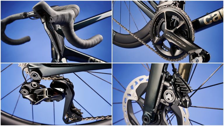 Shimano Dura Ace groupset on a blue background