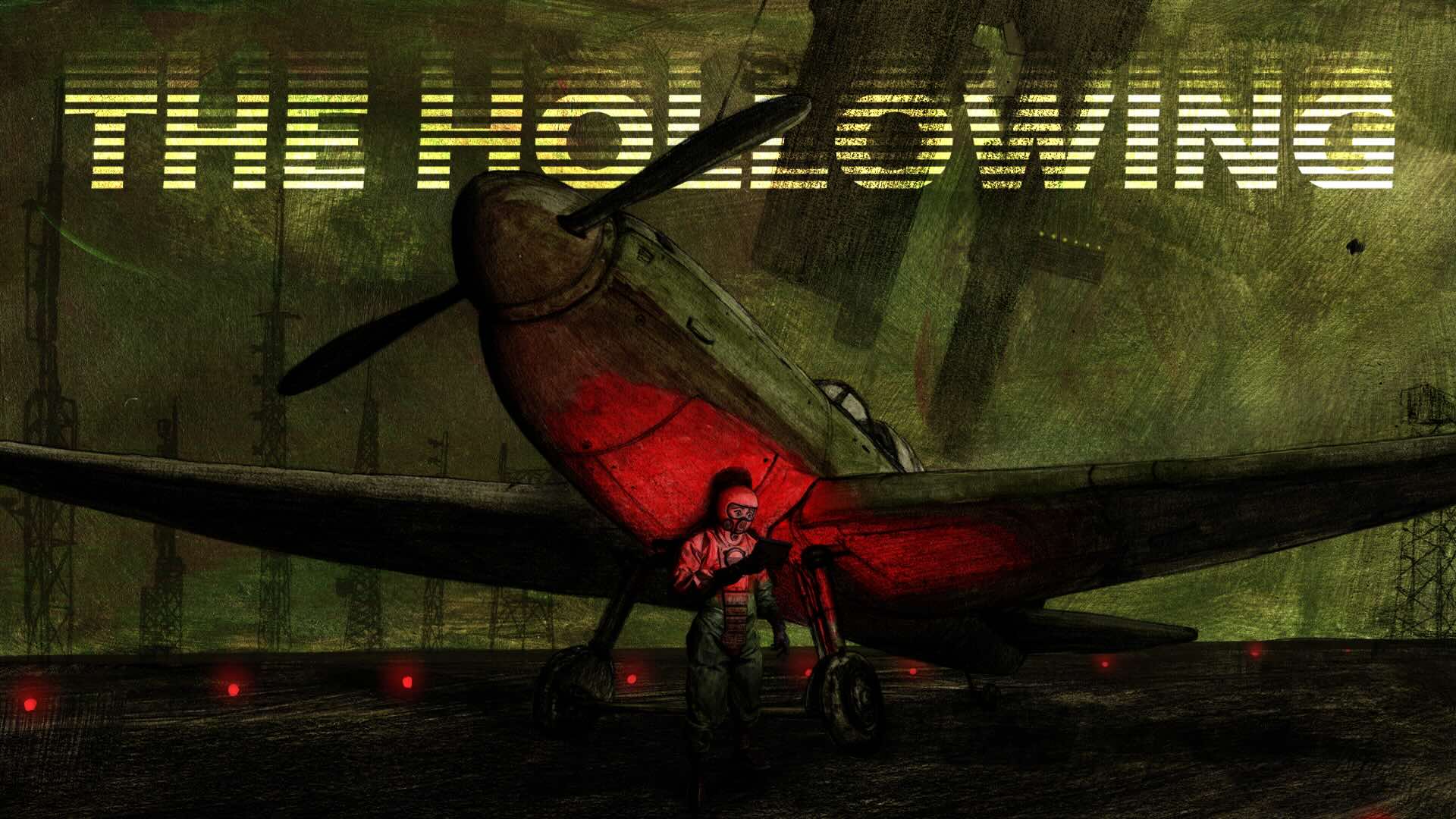A pilot stands by their plane in the dark, illuminated by an eerie red glow. The Hollowing logo is shown.