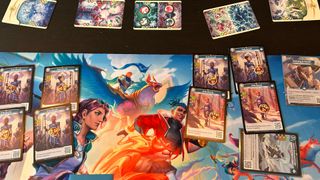 A collection of Altered: Trial by Frost cards lying on a playmat