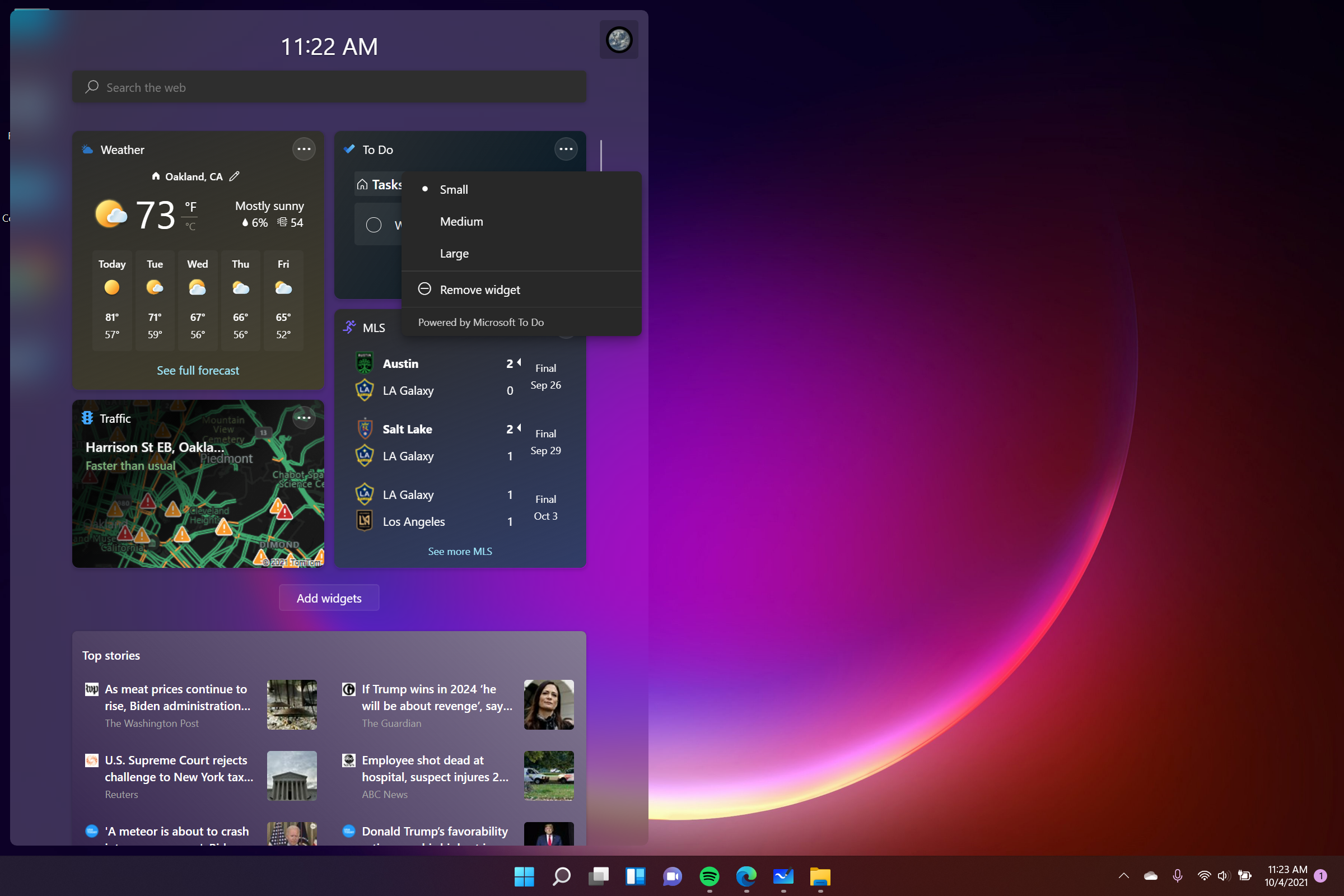 a screenshot of the Widgets menu in Windows 11