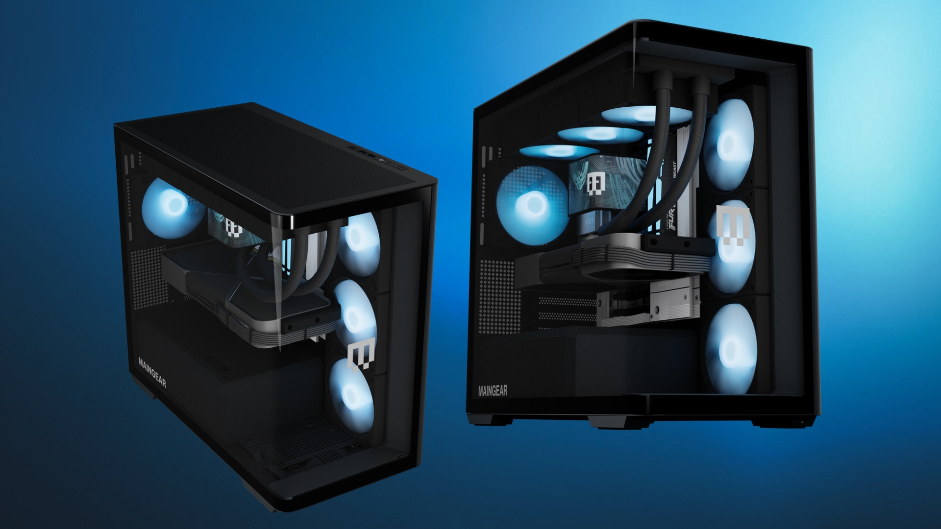 The Maingear Zero 2026's curved glass panel from two different angles