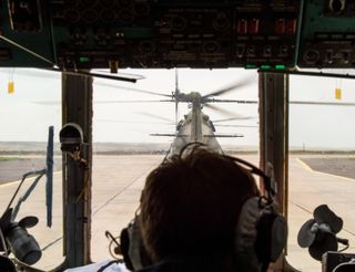 View from the cockpit of one of twelve Russian search and rescue helicopters as they take off from the city of Karaganda to Zhezkazgan in Kazakhstan on Sept. 9, 2013, one day before the scheduled landing of the Soyuz TMA-08M spacecraft with Expedition 36