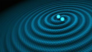 An illustration showing waves of space-time rippling away from two colliding neutron stars