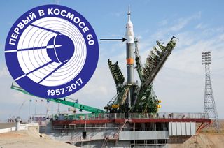 The Soyuz FG rocket that will launch the Soyuz MS-06 crew to the International Space Station is emblazoned with a logo celebrating the 60th anniversary of Sputnik. The rocket is poised on the same launch pad used to launch the first satellite in 1957.