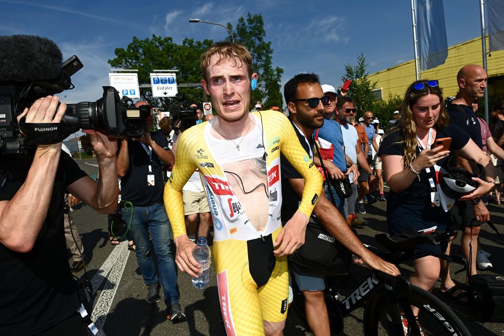 ABTWILL SWITZERLAND JUNE 18 Overall race winner Mattias Skjelmose Jensen of Denmark and Team TrekSegafredo Yellow Leader Jersey reacts after the 86th Tour de Suisse 2023 Stage 8 a 257km individual time trial from St Gallen to Abtwil UCIWT on June 18 2023 in Abtwil Switzerland Photo by Tim de WaeleGetty Images