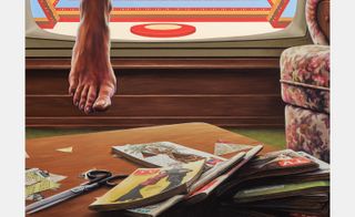 painting of dangling foot about scissors and cut-up copies of tv guide