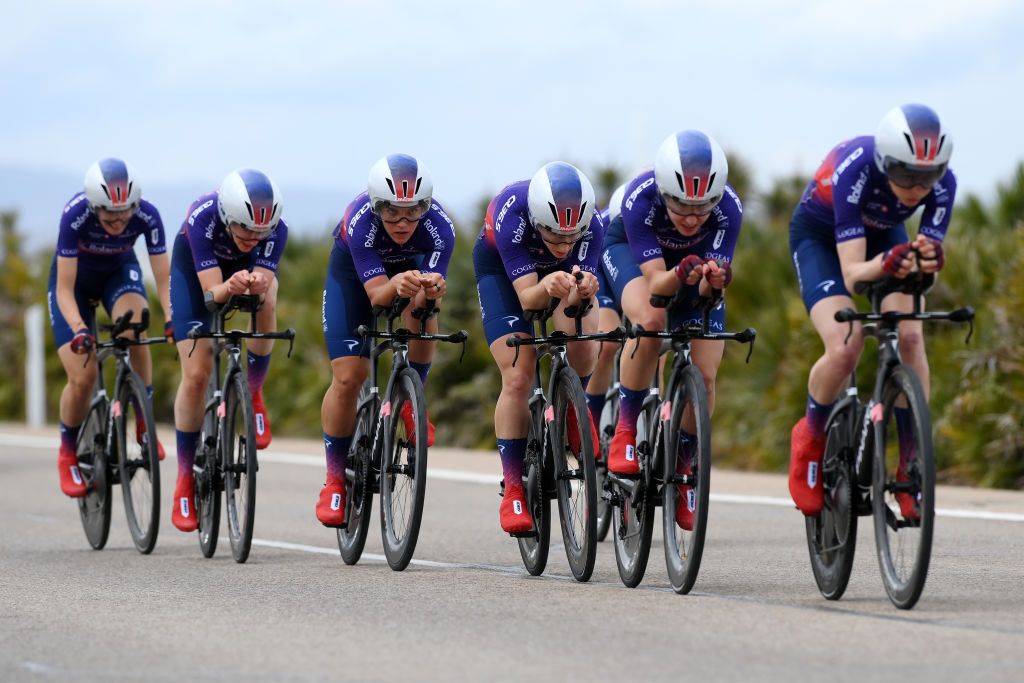 VALENCIA SPAIN APRIL 28 A general view of Tamara DronovaBalabolina of Russia Antri Christoforou of Cyprus Maggie ColesLyster of Canada Natalie Grinczer of The United Kingdom Elena Hartmann of Switzerland Anna Kiesenhofer of Austria Giorgia Vettorello of Italy and Team Roland sprint during the 10th La Vuelta Femenina 2024 Stage 1 a 16km team time trial from Valencia to Valencia UCIWWT on April 28 2024 in Valencia Spain Photo by Alex BroadwayGetty Images