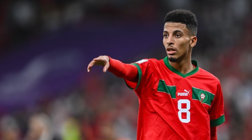 Morocco midfielder Azzedine Ounahi during his team&#039;s World Cup quarter-final against Portugal.