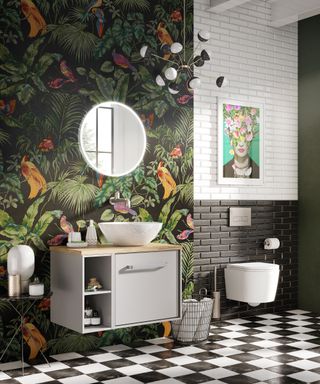 Green bathroom idea with printed wallpaper and checkered floor tiles by Crosswater