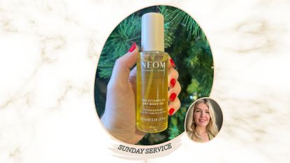 A hand with red fingernails holding a bottle of NEOM Pro vitamin D3 dry body oil in front of a christmas tree, next to an image of beaty editor Fiona McKim smiling with blonde hair