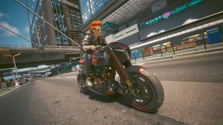 Cyberpunk 2077 Phantom Liberty V riding motorbike through night city