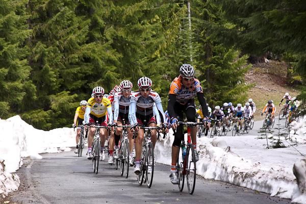 U.S. cyclocross star Ryan Trebon leads the peloton.