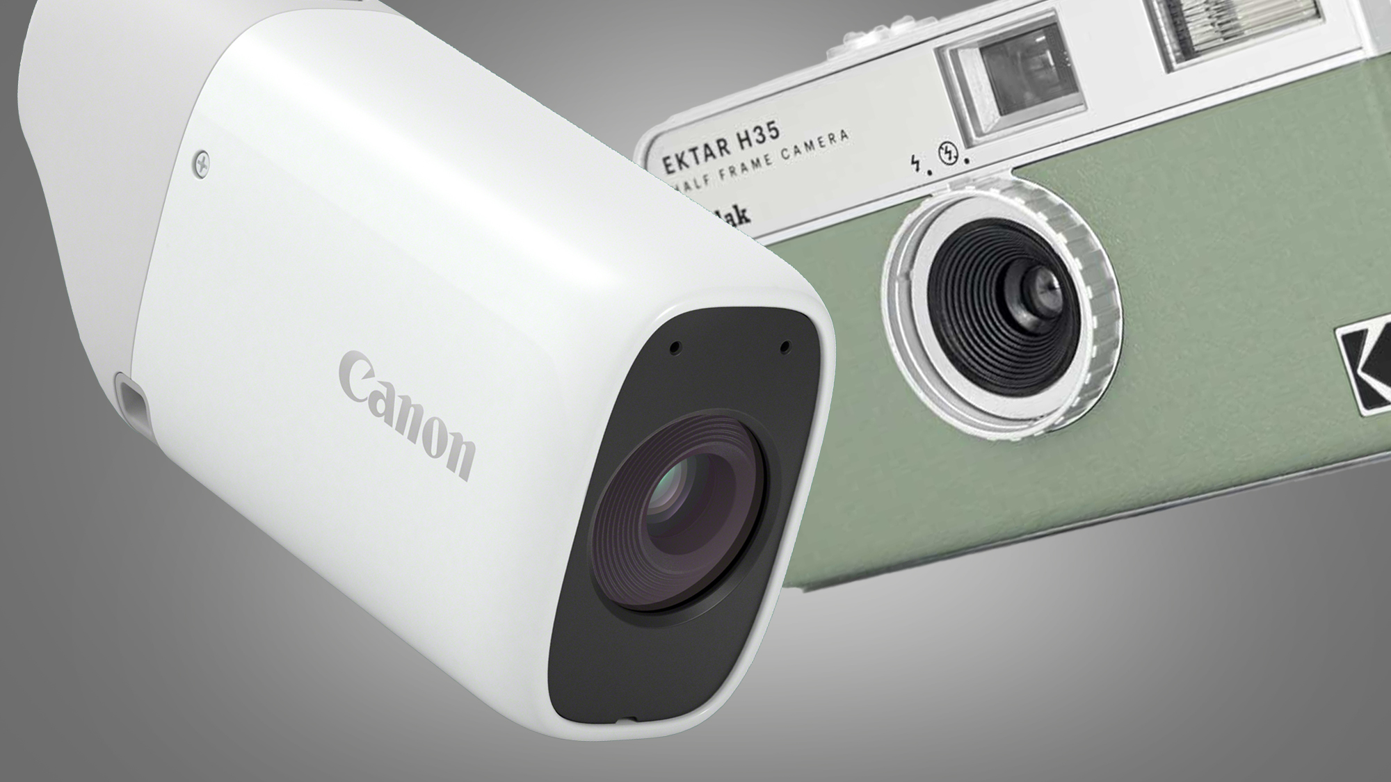 Kamera saku Canon PowerShot Zoom dan Kodak Ektar H35 dengan latar belakang abu-abu