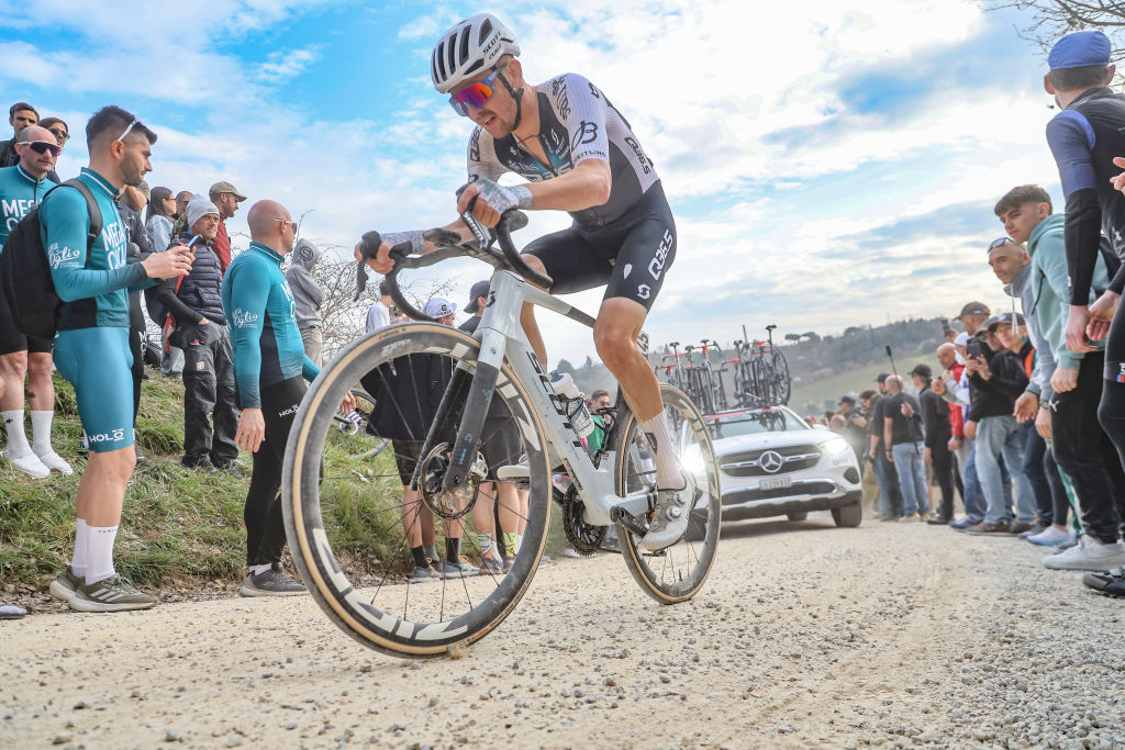 In Siena, Italy, on March 8, 2025, Donovan Mark participates in the 19th Strade Bianche 2025, Elite Men. (Photo by Paolo Giuliani/NurPhoto)