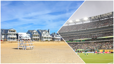 A line of glamorous beach houses in Belmar, New Jersey, and a soccer game at MetLife Stadium. 